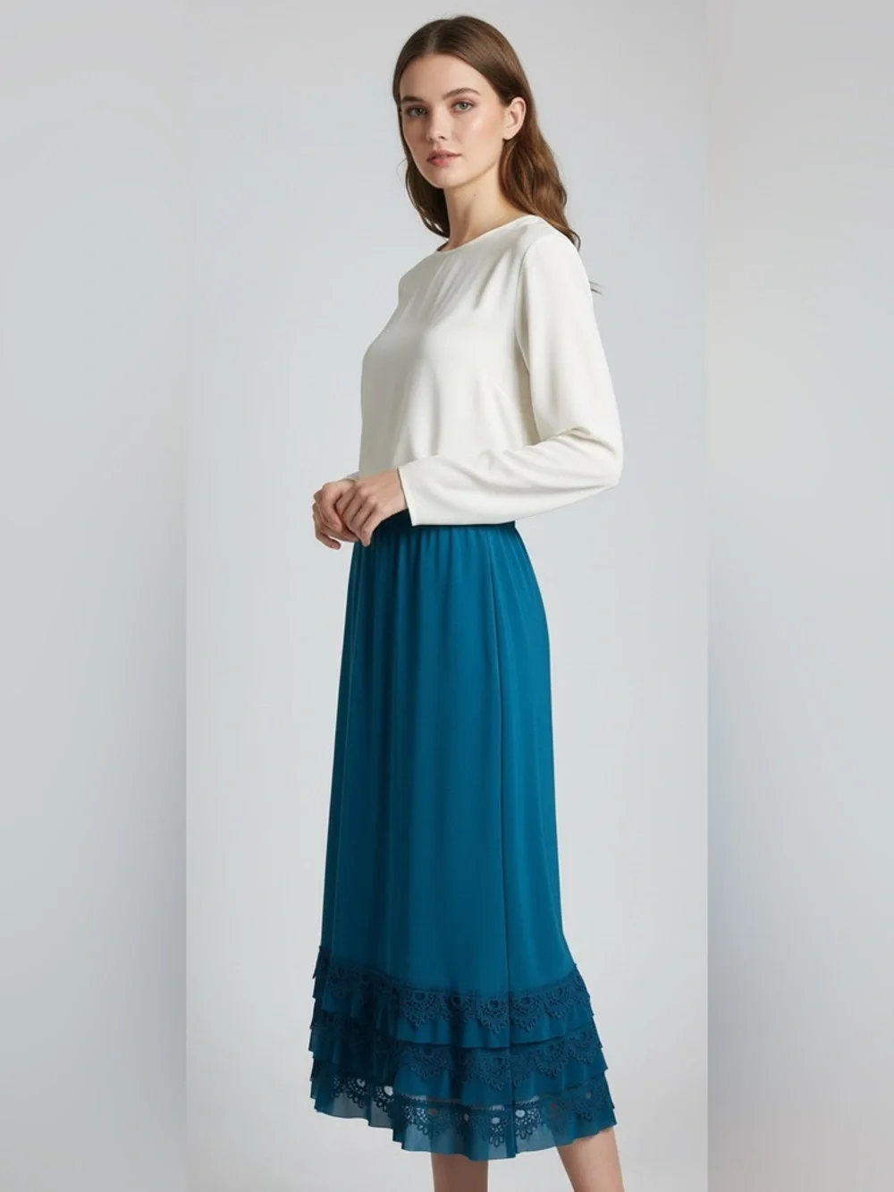 Unk Teal Lace-Tiered Midi Skirt